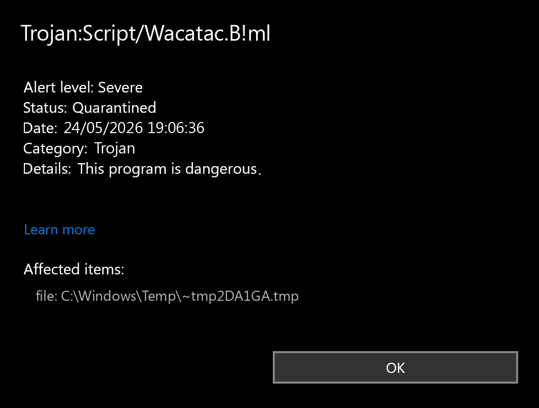 Illustrative Microsoft Defender alert for Trojan:Script/Wacatac.B!ml
