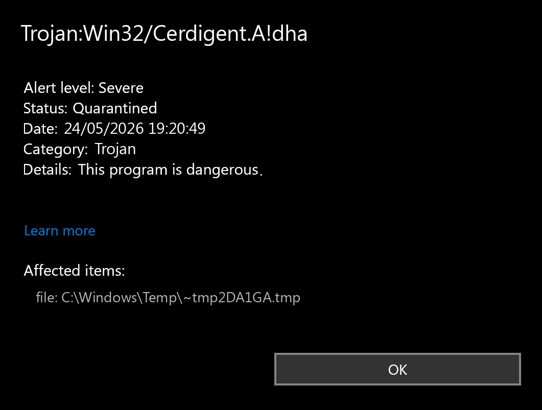 Illustrative Microsoft Defender alert for Trojan:Win32/Cerdigent.A!dha
