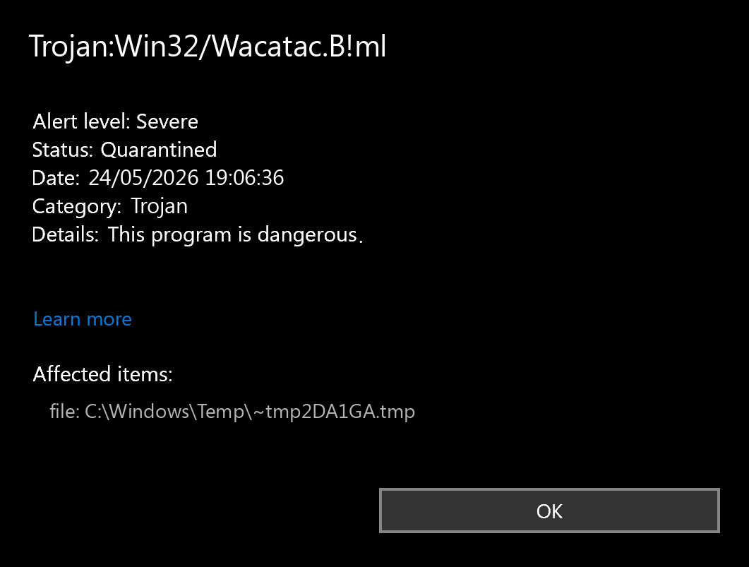 Illustrative Microsoft Defender alert for Trojan:Win32/Wacatac.B!ml