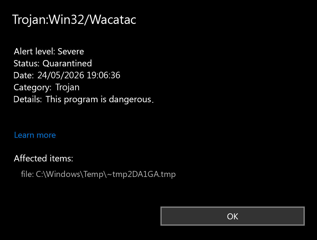 Illustrative Microsoft Defender alert for Trojan:Win32/Wacatac